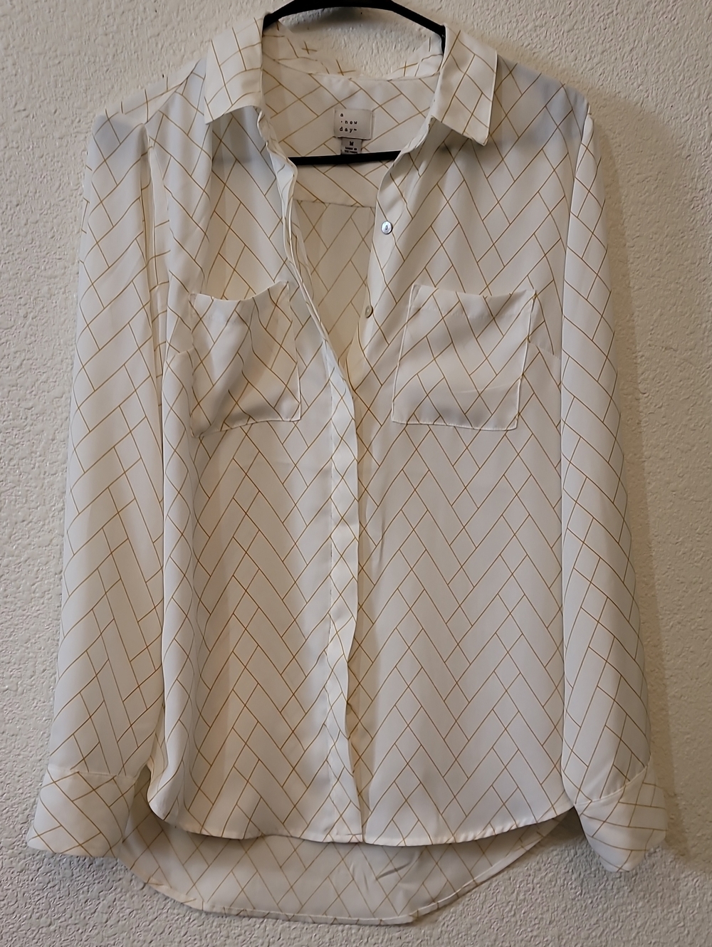 a new day Cream Button-Down Shirt with Tan Herringbone Print